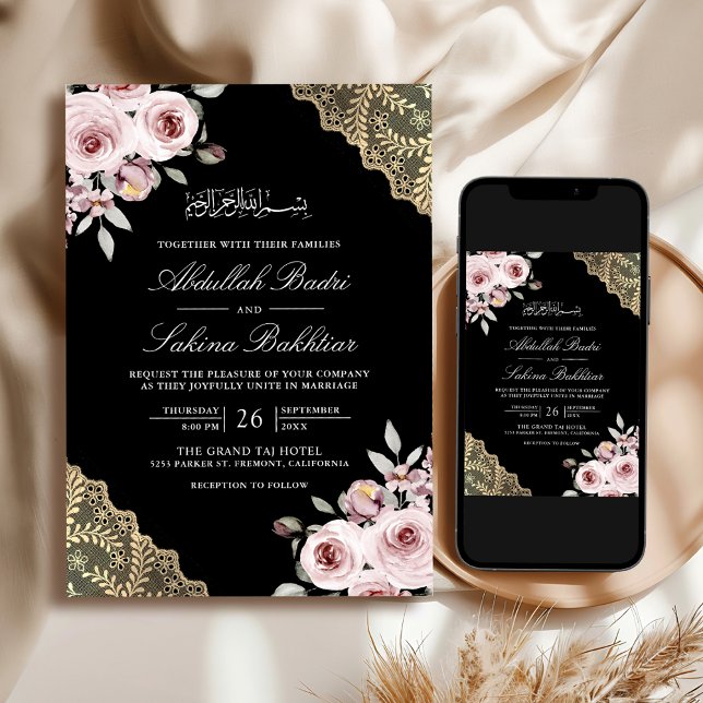 Invitation Rose Poussiéreuse Or Dentelle Code QR Mariage Musu (Créateur téléchargé)