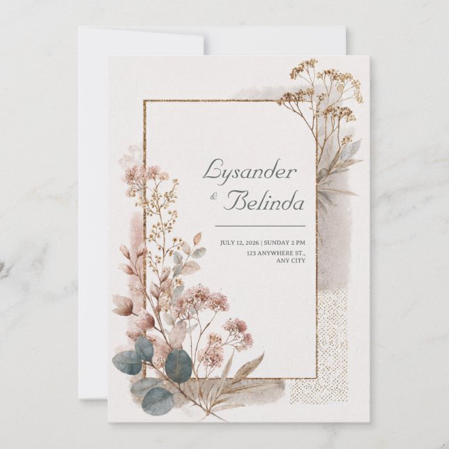 Invitation Rose Poussiéreuse Or Feuille de Eucalyptus Mariage (Devant)