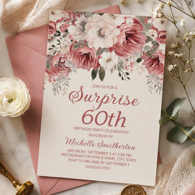 Invitation Rose Poussiéreuse Rouge Crème Surprise Florale 60è (Elegant dusty rose and cream-colored watercolor floral 60th birthday party invitation)