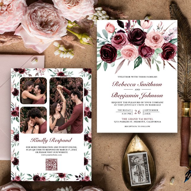 Invitation Rose Poussiéreux Bourgogne Floral Code QR Mariage (Créateur téléchargé)