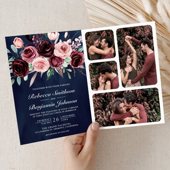 Invitation Rose Poussiéreux Bourgogne Floral Code QR Nuit de  (Créateur téléchargé)