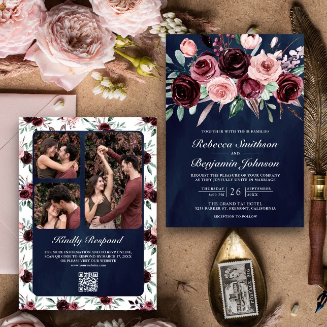 Invitation Rose Poussiéreux Bourgogne Floral Code QR Nuit de  (Créateur téléchargé)