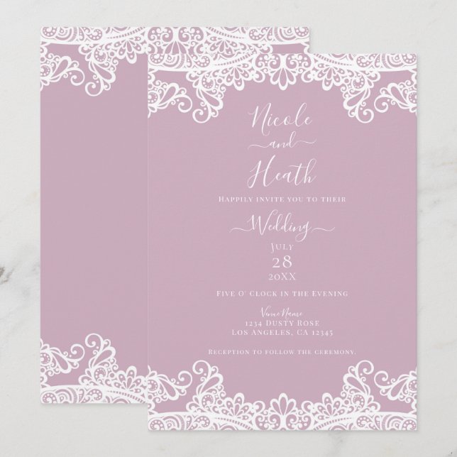 Invitation Rose Poussiéreux et Dentelle Blanche Mariage Éléga (Devant / Derrière)