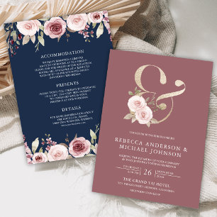 Invitation Rose Poussiéreux Fleurs Esperluette Bleu Nuit Mari