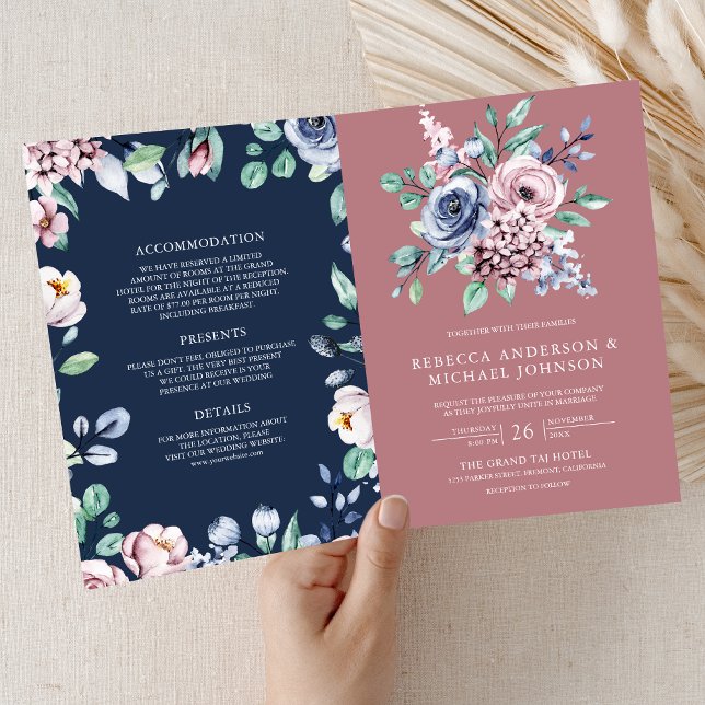 Invitation Rose Poussiéreux Floral Bleu Marine Code QR Mariag (Créateur téléchargé)