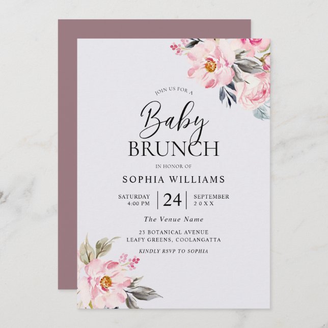 Invitation Rose poussiéreux Floral Blush Baby shower rose Bru (Devant / Derrière)