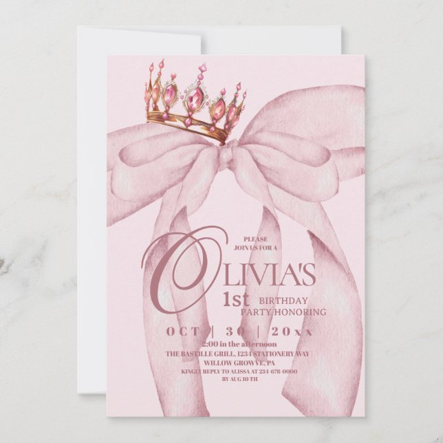 Invitation Rose Poussiéreux Moderne Tendance Arc 1er Annivers (Devant)