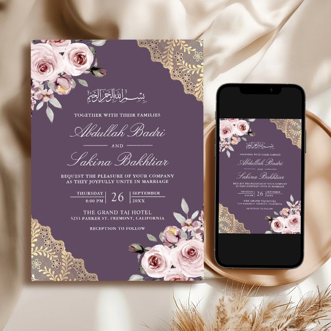 Invitation Rose Poussiéreux Or Dentelle Code QR Mariage Musul (Créateur téléchargé)