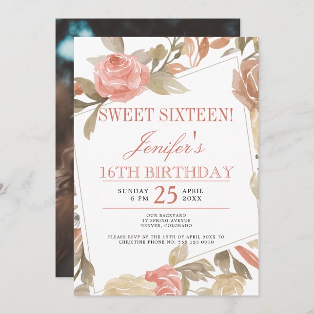 Invitation Rose poussiéreux Peach Cream Floral Sweet sixteen  (Devant / Derrière)