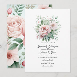 Invitation Rose Poussiéreux, Vert Menthe, et Mariage Floral B
