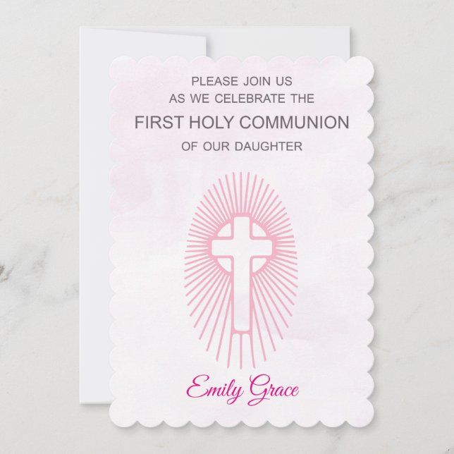 Invitation Rose Première Sainte Communion Croix Ra (Devant)
