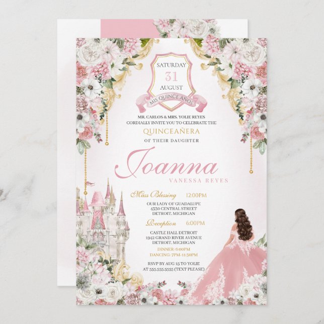 Invitation Rose Princess Blush Gold Château Royal Quinceanera (Devant / Derrière)