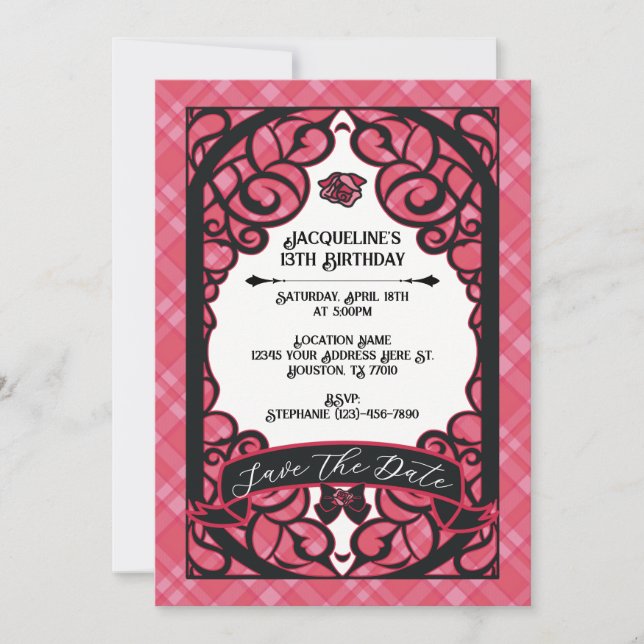 Invitation Rose princesse anniversaire à porte rose et noir  (Devant)