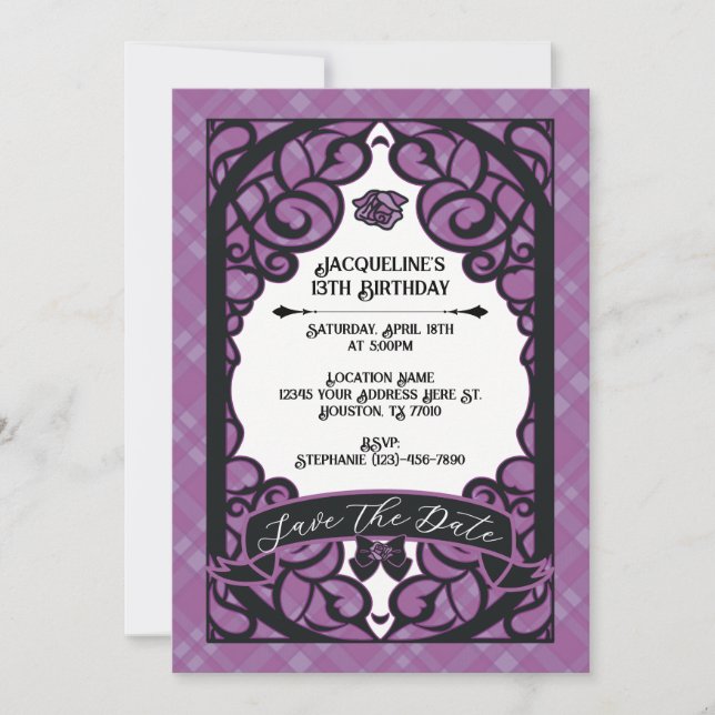 Invitation Rose Princesse Gated Violet et Noir Anniversaire (Devant)