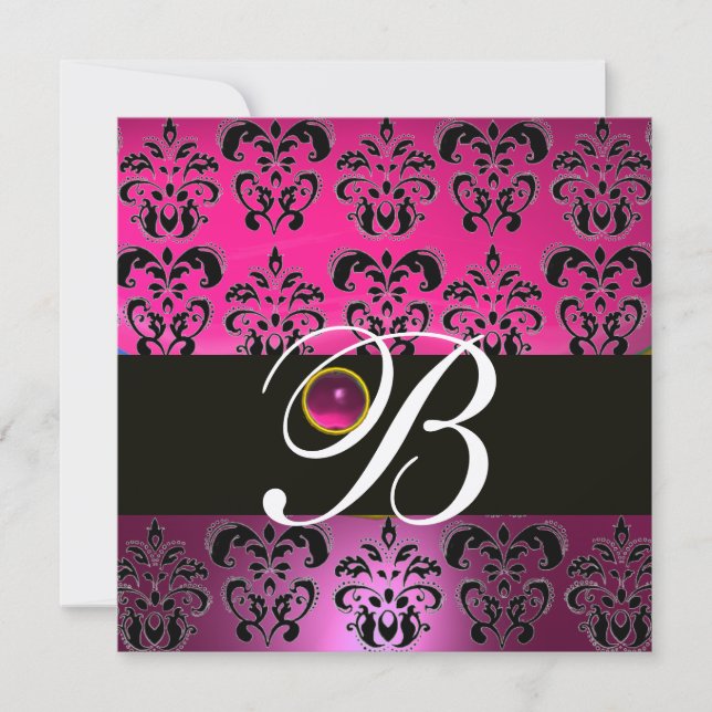 Invitation ROSE PURPLE BLACK DAMASK MONOGRAM Amethyst Fuchsia (Devant)
