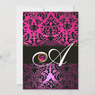 Invitation ROSE PURPLE BLACK DAMASK MONOGRAM Amethyst Fuchsia