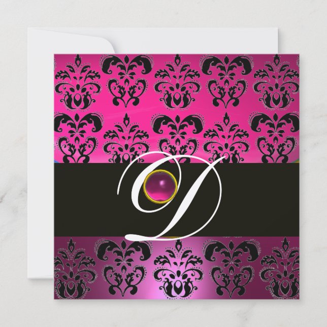 Invitation ROSE PURPLE BLACK DAMASK MONOGRAM Amethyst Fuchsia (Devant)
