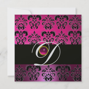 Invitation ROSE PURPLE BLACK DAMASK MONOGRAM Amethyst Fuchsia