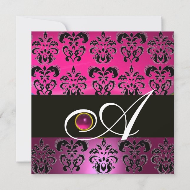 Invitation ROSE PURPLE BLACK DAMASK MONOGRAM Amethyst Fuchsia (Devant)