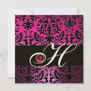Invitation ROSE PURPLE BLACK DAMASK MONOGRAM Amethyst Fuchsia