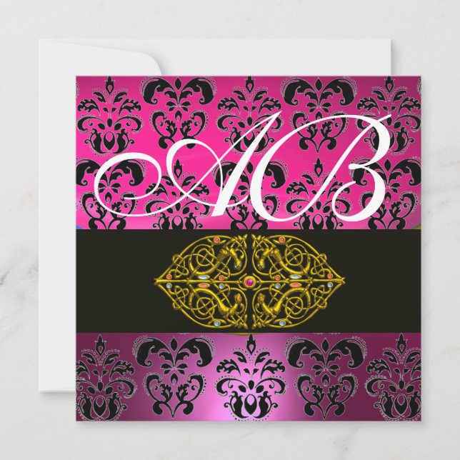 Invitation ROSE PURPLE BLACK DAMASK MONOGRAM, blanc (Devant)