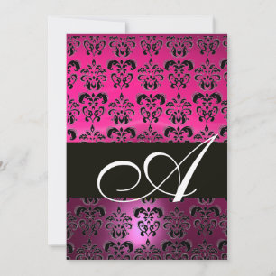 Invitation ROSE PURPLE NOIR DAMASK MONOGRAM, blanc fuchsia