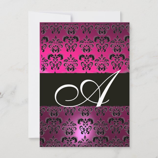 Invitation ROSE PURPLE NOIR DAMASK MONOGRAM fuchsia blanc (Devant)