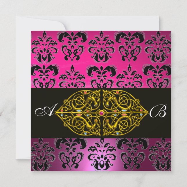 Invitation ROSE PURPLE NOIR DAMASK MONOGRAM, fuchsia, or (Devant)