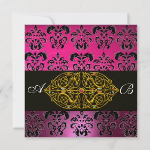 Invitation ROSE PURPLE NOIR DAMASK MONOGRAM, fuchsia, or