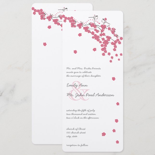 Invitation Rose Quartz Rose Fleur de Cerisier Mésange Mariage (Devant / Derrière)