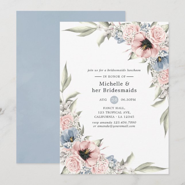 Invitation Rose Quartz & Serenity Floral Déjeuner de Demoisel (Devant / Derrière)