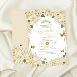 Invitation Rose Quinceanera à la crème à papillon Floral d'or
