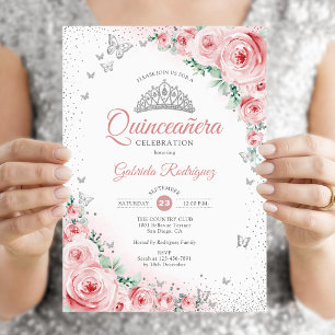 Invitation Rose Quinceanera aquarelle fleurs rose tendre