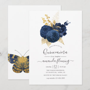 Invitation Rose Quinceañera vintage bleu marine et or