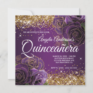Invitation Rose Quinceañera Violette Pailletée Or Étincelant