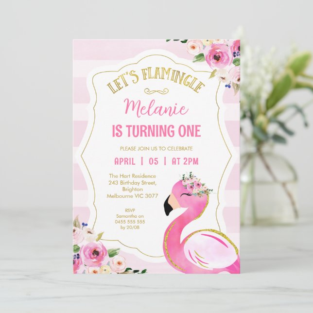 Invitation Rose rayé Flamingle Flamant rose Anniversaire (Debout devant)