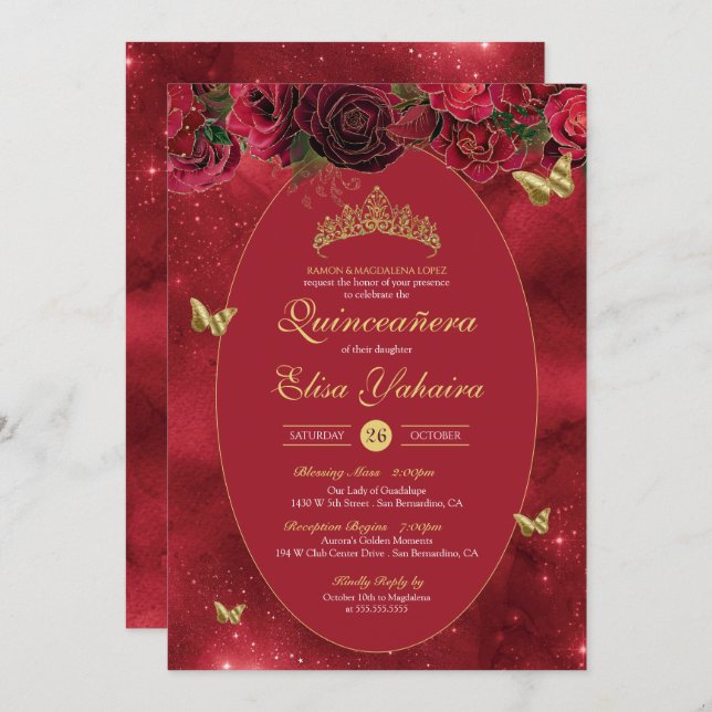Invitation Rose Red Gold Luxury Butterfly Quinceanera (Devant / Derrière)