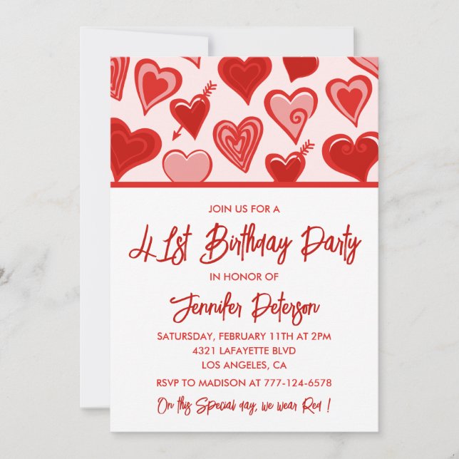 Invitation Rose Red Hearts Motif Simple 41e anniversaire (Devant)