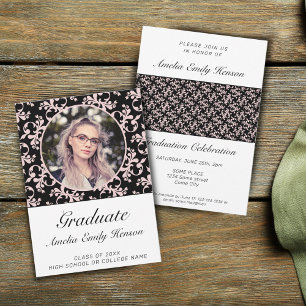 Invitation Rose Rococo Noir Photo de Diplômé Cérémonie de Rem