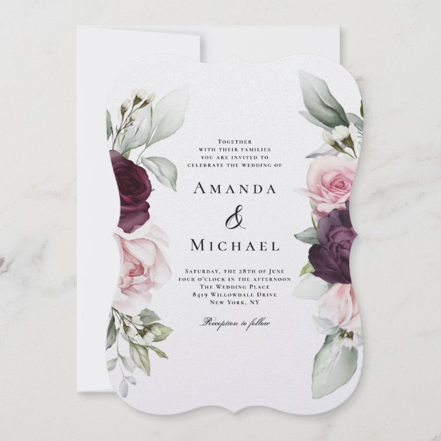 Invitation Rose romantique Aquarelle Mariage botanique (Devant)