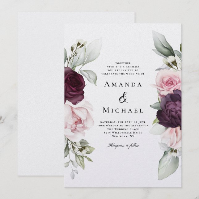 Invitation Rose romantique Aquarelle Mariage botanique (Devant / Derrière)