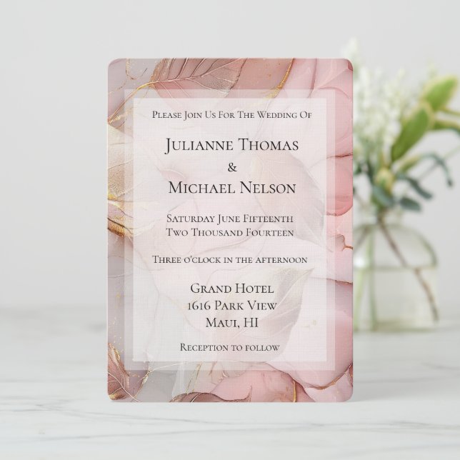 Invitation Rose romantique Blush Pink Gold Leaf Mariage (Debout devant)