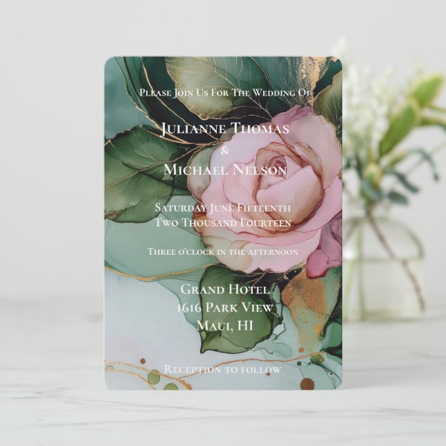 Invitation Rose romantique Blush Pink or Mariage Floral (Debout devant)