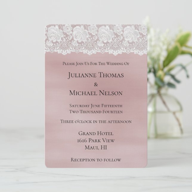 Invitation Rose romantique Blush Rose Blanche dentelle Mariag (Debout devant)
