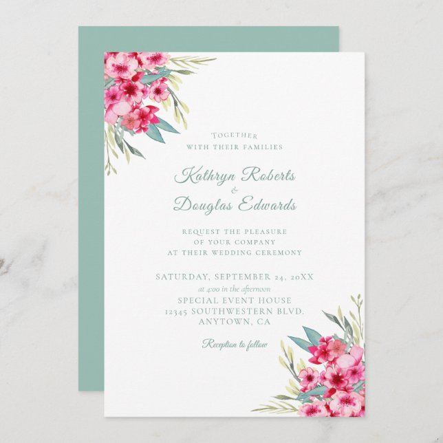 Invitation Rose romantique et Turquoise aquarelle Mariage flo (Devant / Derrière)