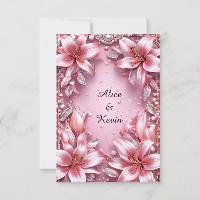 Invitation Rose Romantique Fleur de Lys Perle Mariage Floral  (Devant)