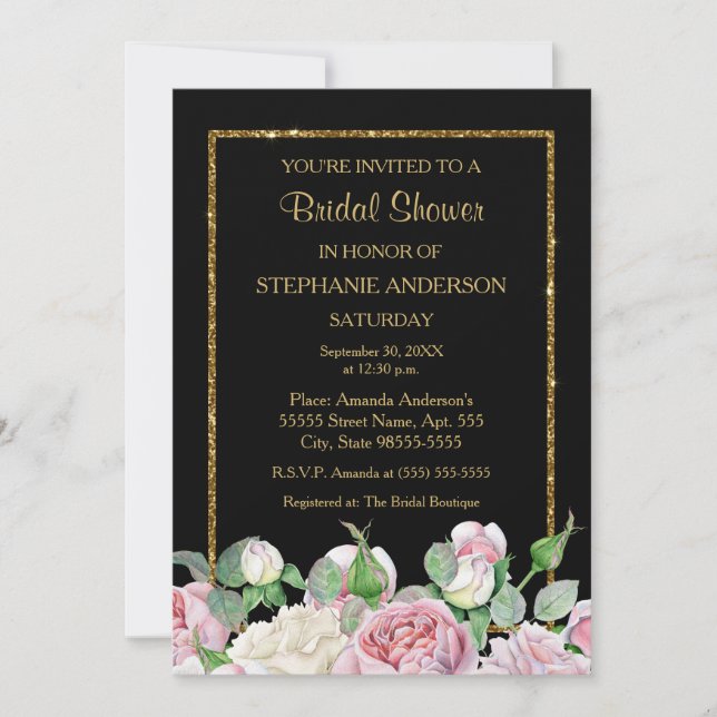Invitation Rose romantique Floral Faux Gold Glitz Fête des ma (Devant)