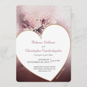 Invitation Rose romantique Gold Heart Mariage à thème