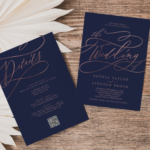 Invitation Rose romantique Gold Navy tout en un QR Code Maria