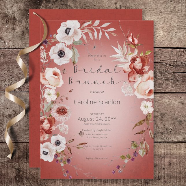 Invitation Rose romantique Red Floral Bridal Brunch (Romantic Rose Red Floral Bridal Brunch Invitation)